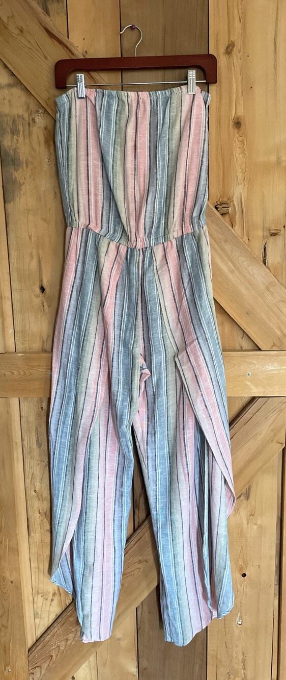 Drew Linen Blend Striped Jumpsuit Strapless Tulip Leg Casual S, Boho, Festival